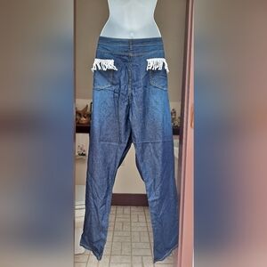 PLUS SIZE 3X Yoins White Fringe Jeans Denim Jeans Fancy Back Pockets Wide Leg